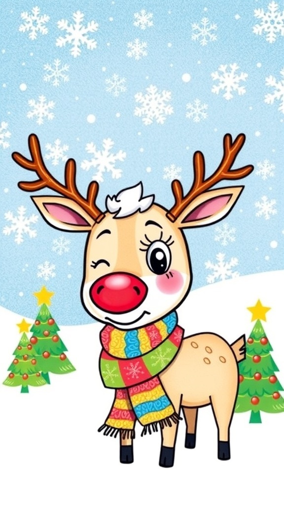 A cute drawing of a Christmas reindeer with a red nose and scarf, surrounded by festive decorations.